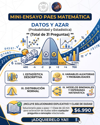 Pack PAES Matemáticas (Datos y Azar): Mini-Ensayo + Solucionario + 1 Hr de Tutoría en Vivo